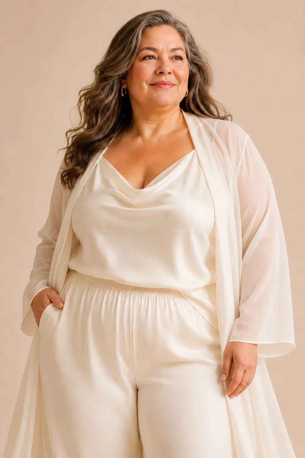 Elegant Cowl Neck Chiffon Pant Set with Duster