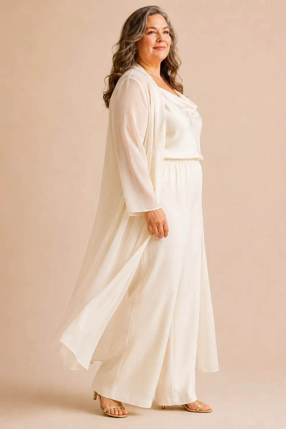 Elegant Cowl Neck Chiffon Pant Set with Duster