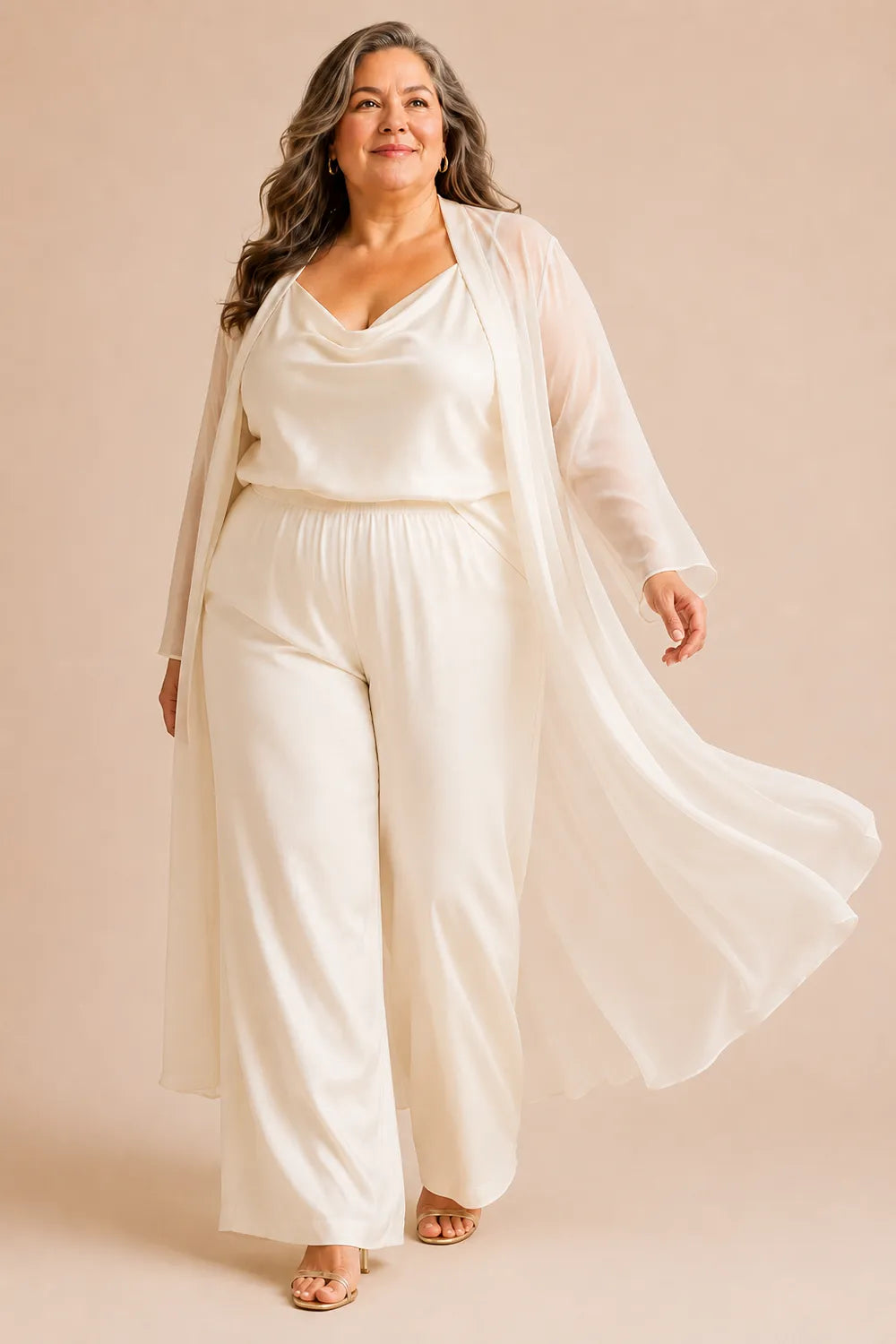 Elegant Cowl Neck Chiffon Pant Set with Duster
