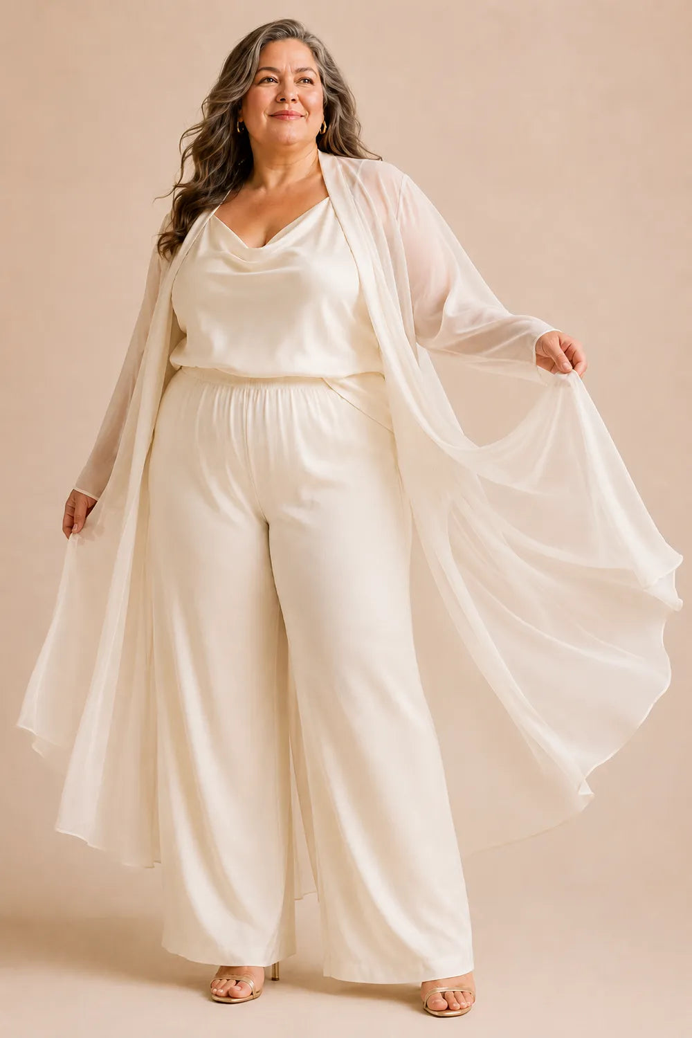 Elegant Cowl Neck Chiffon Pant Set with Duster