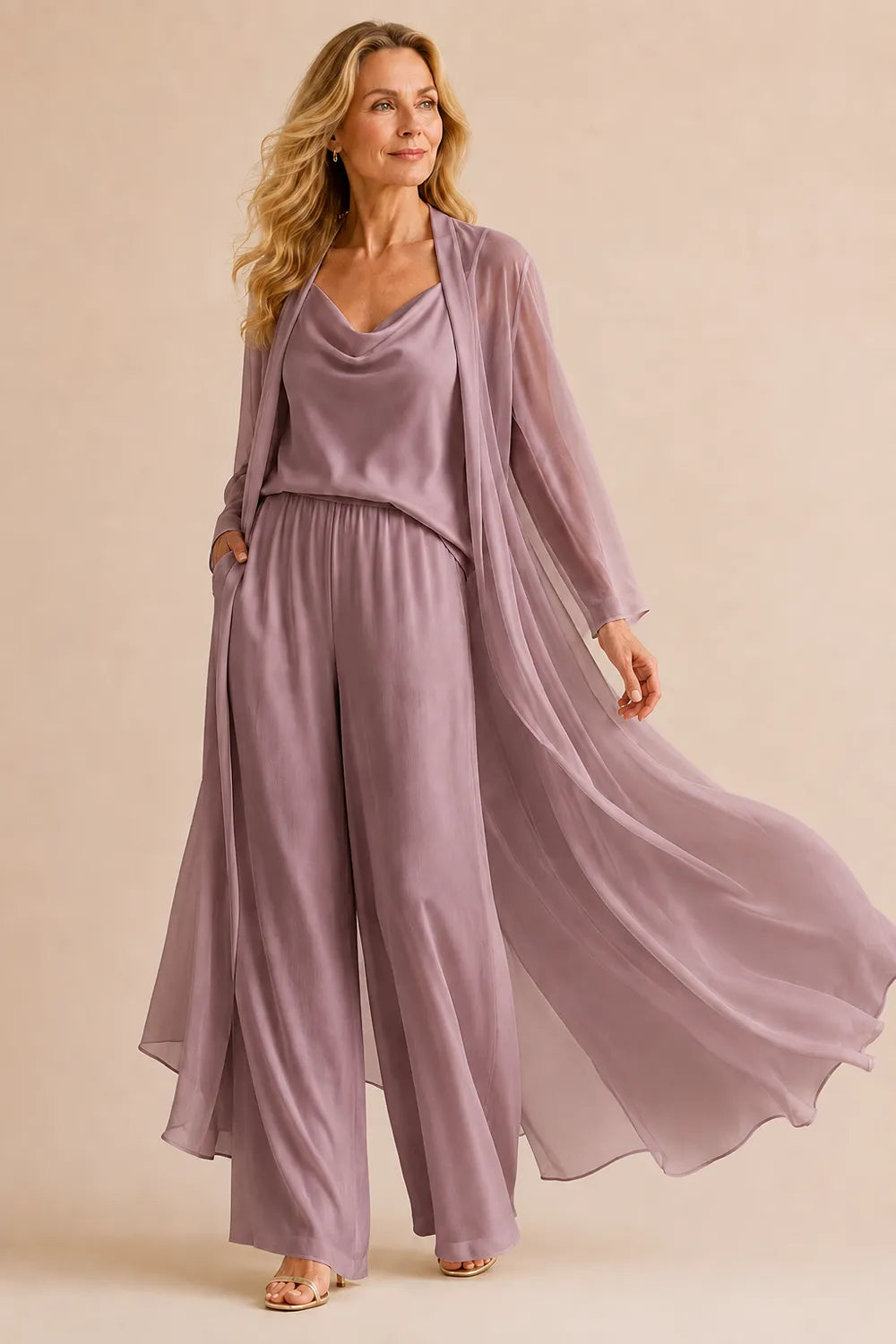 Elegant Cowl Neck Chiffon Pant Set with Duster