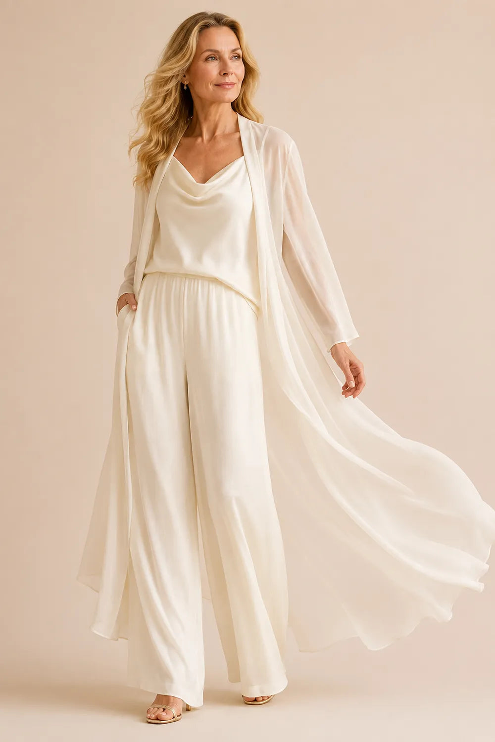Elegant Cowl Neck Chiffon Pant Set with Duster