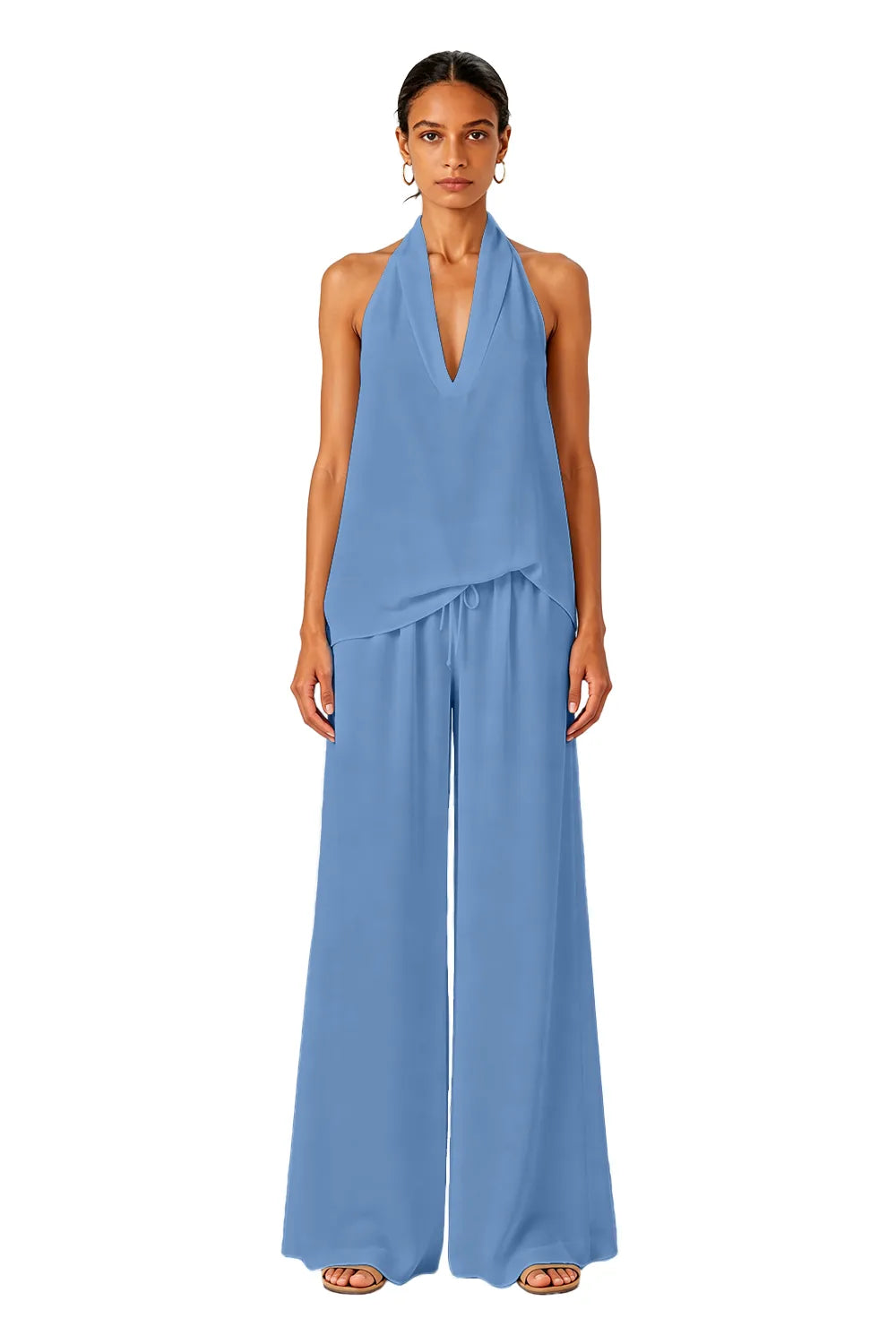 Backless Halter Wide-Leg Wedding Guest Jumpsuit