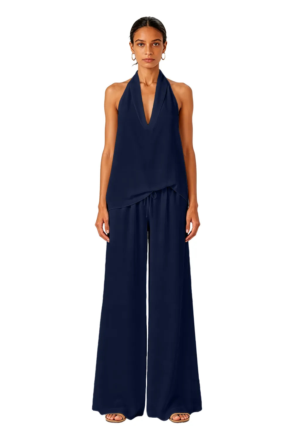 Backless Halter Wide-Leg Wedding Guest Jumpsuit