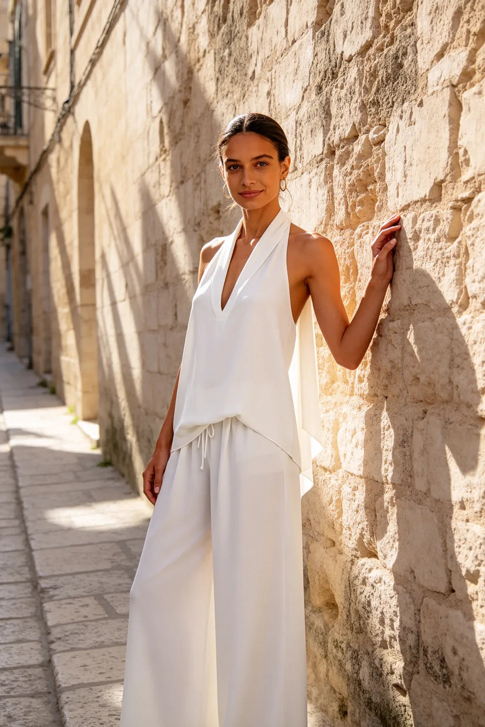 Backless Halter Wide-Leg Wedding Guest Jumpsuit