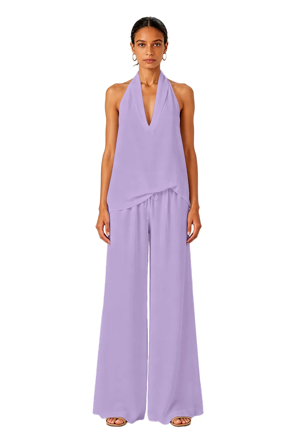 Backless Halter Wide-Leg Wedding Guest Jumpsuit