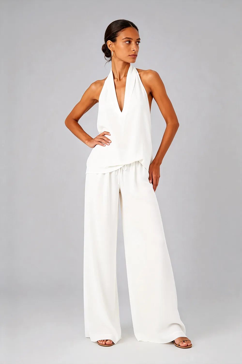 Backless Halter Wide-Leg Wedding Guest Jumpsuit
