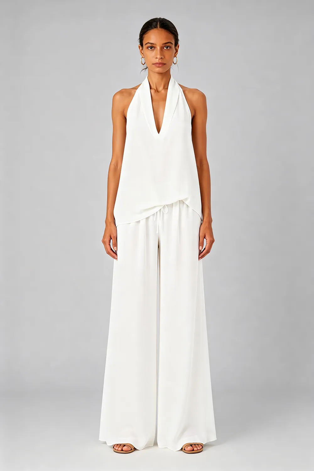 Backless Halter Wide-Leg Wedding Guest Jumpsuit