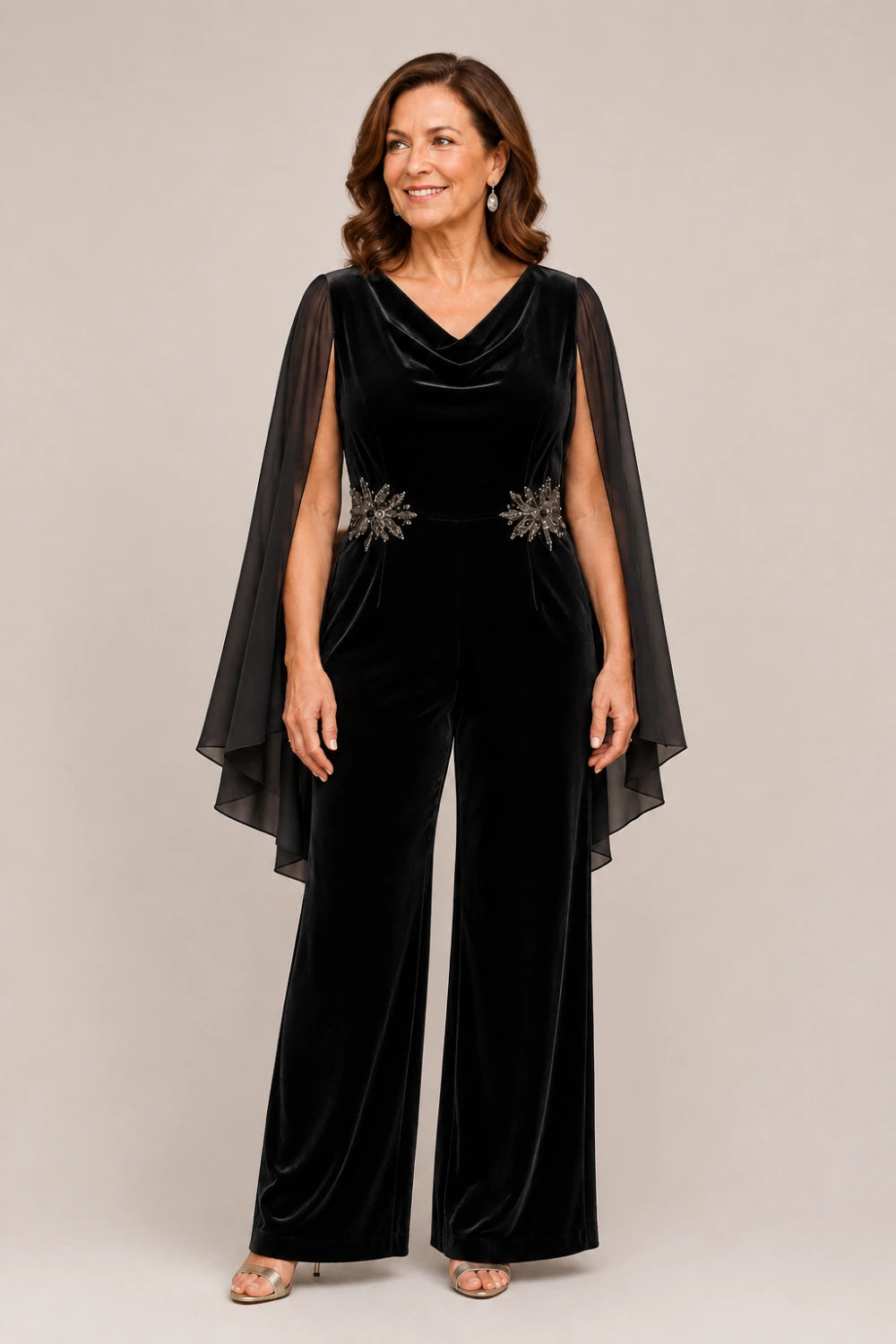Velvet Cowl-Neck Embellished Cape-Sleeve Wide-Leg Jumpsuit