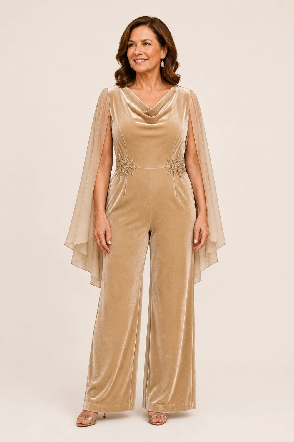 Velvet Cowl-Neck Embellished Cape-Sleeve Wide-Leg Jumpsuit