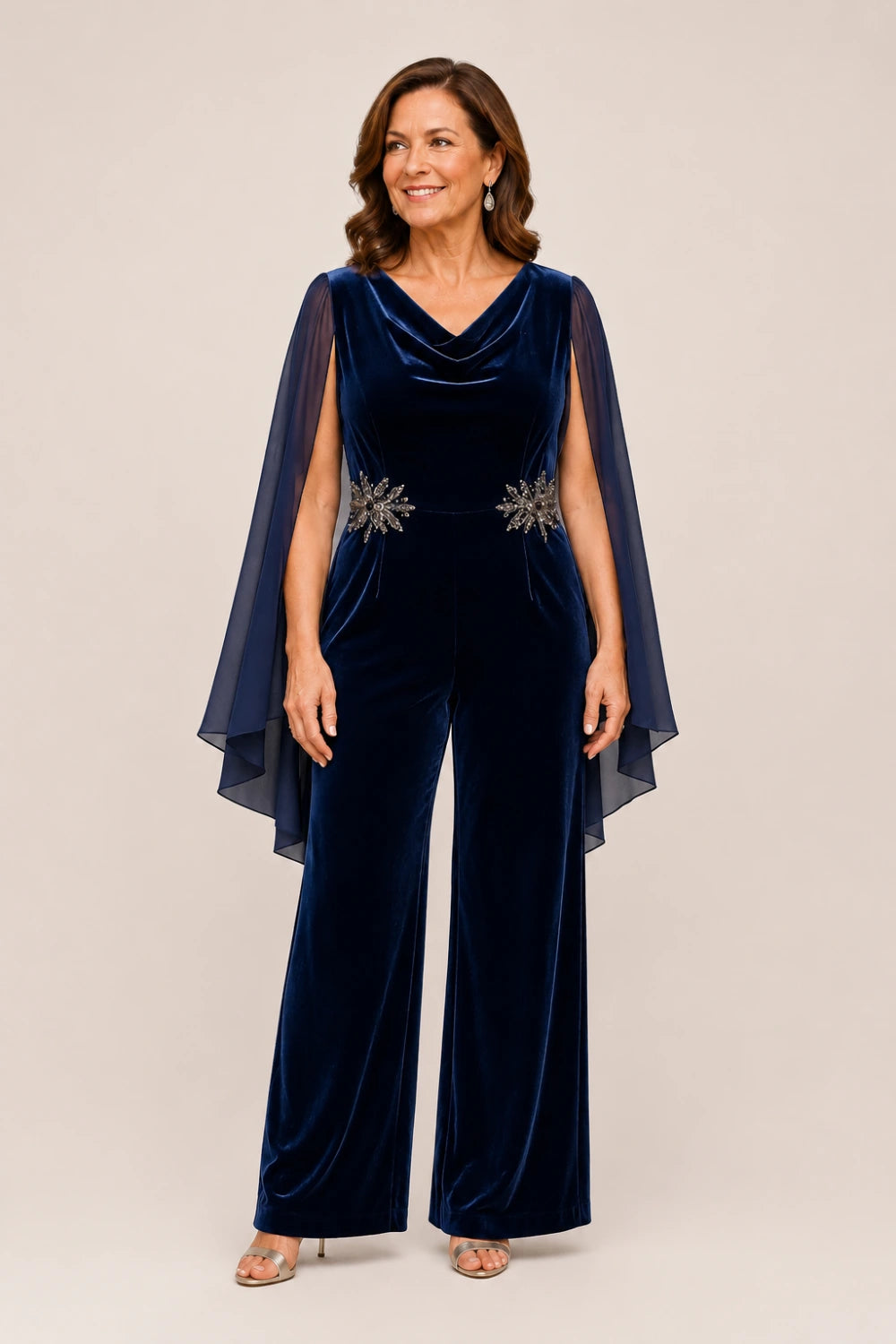 Velvet Cowl-Neck Embellished Cape-Sleeve Wide-Leg Jumpsuit