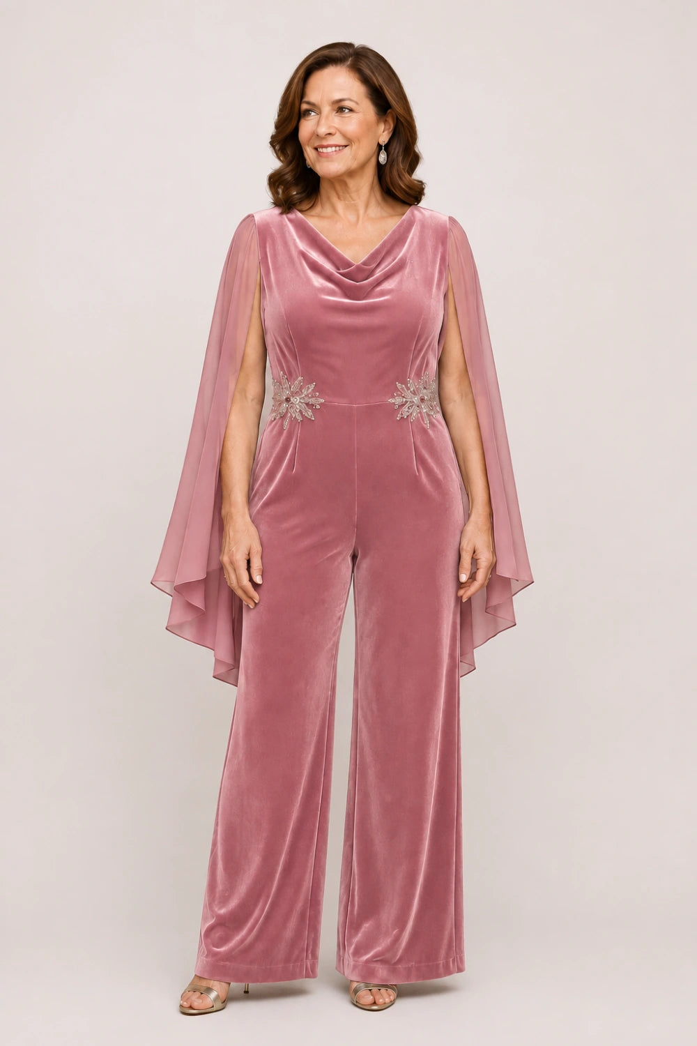 Velvet Cowl-Neck Embellished Cape-Sleeve Wide-Leg Jumpsuit