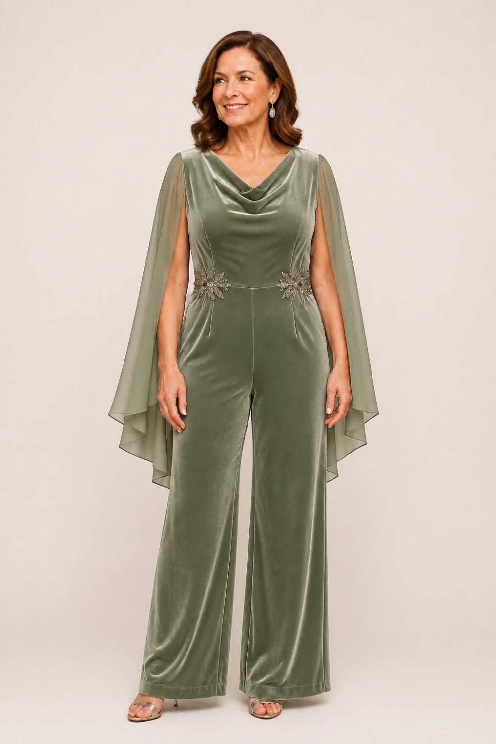 Velvet Cowl-Neck Embellished Cape-Sleeve Wide-Leg Jumpsuit