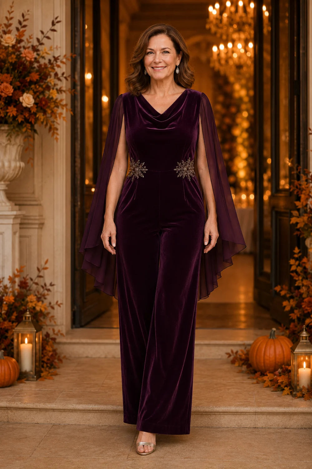 Velvet Cowl-Neck Embellished Cape-Sleeve Wide-Leg Jumpsuit