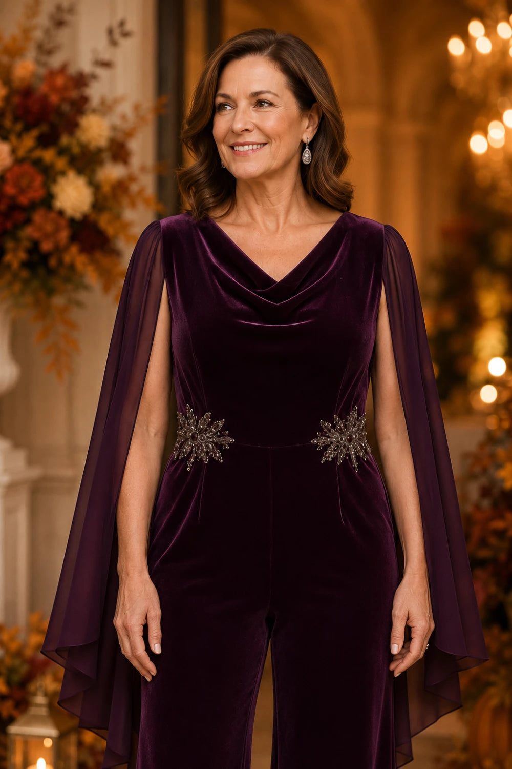 Velvet Cowl-Neck Embellished Cape-Sleeve Wide-Leg Jumpsuit