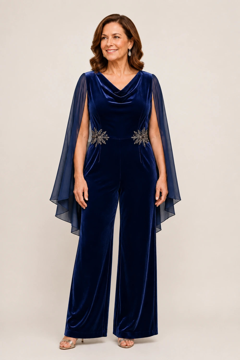 Velvet Cowl-Neck Embellished Cape-Sleeve Wide-Leg Jumpsuit