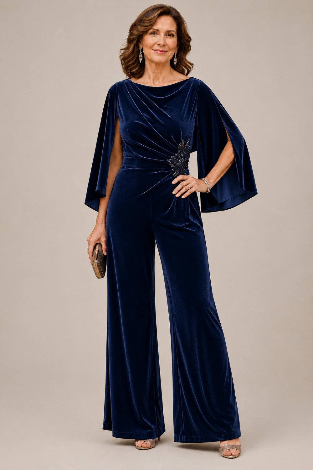 Velvet Draped-Neck Embellished Cape-Sleeve Wide-Leg Jumpsuit