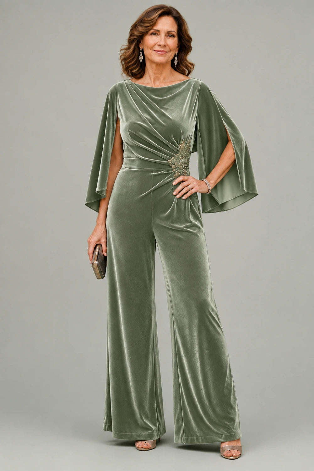 Velvet Draped-Neck Embellished Cape-Sleeve Wide-Leg Jumpsuit