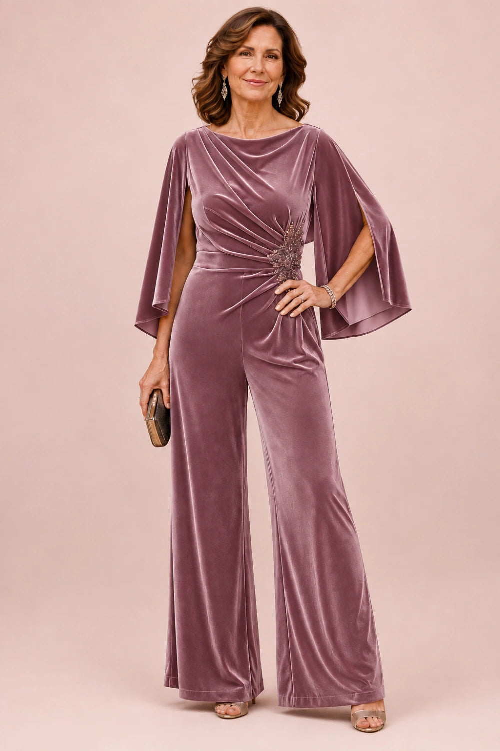 Velvet Draped-Neck Embellished Cape-Sleeve Wide-Leg Jumpsuit