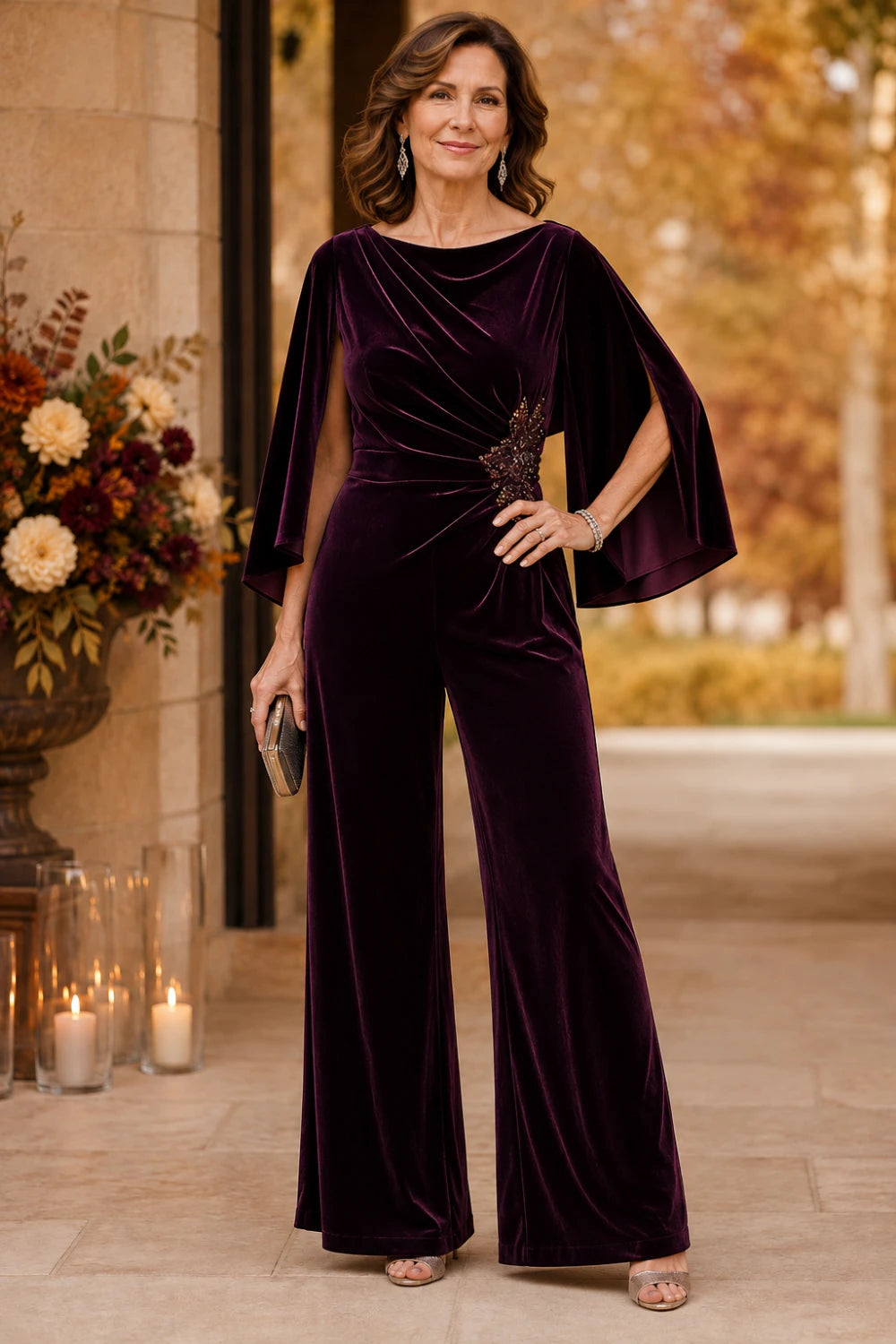 Velvet Draped-Neck Embellished Cape-Sleeve Wide-Leg Jumpsuit