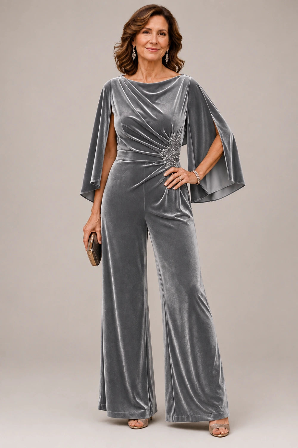 Velvet Draped-Neck Embellished Cape-Sleeve Wide-Leg Jumpsuit