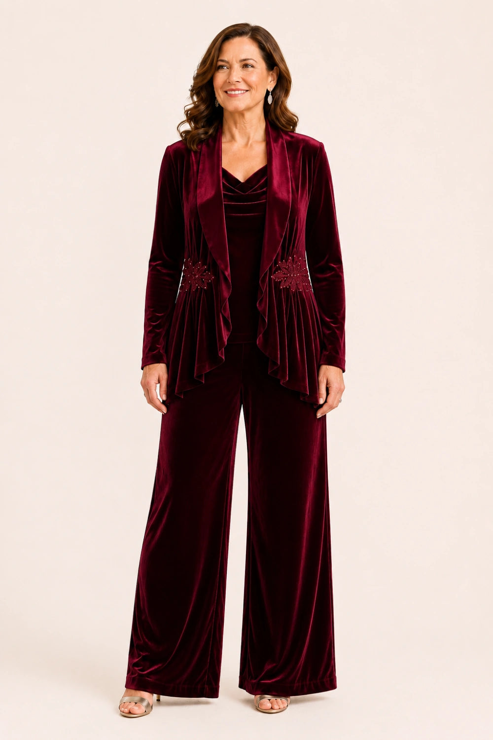 Velvet Three-Piece Pant Suit with Draped Jacket