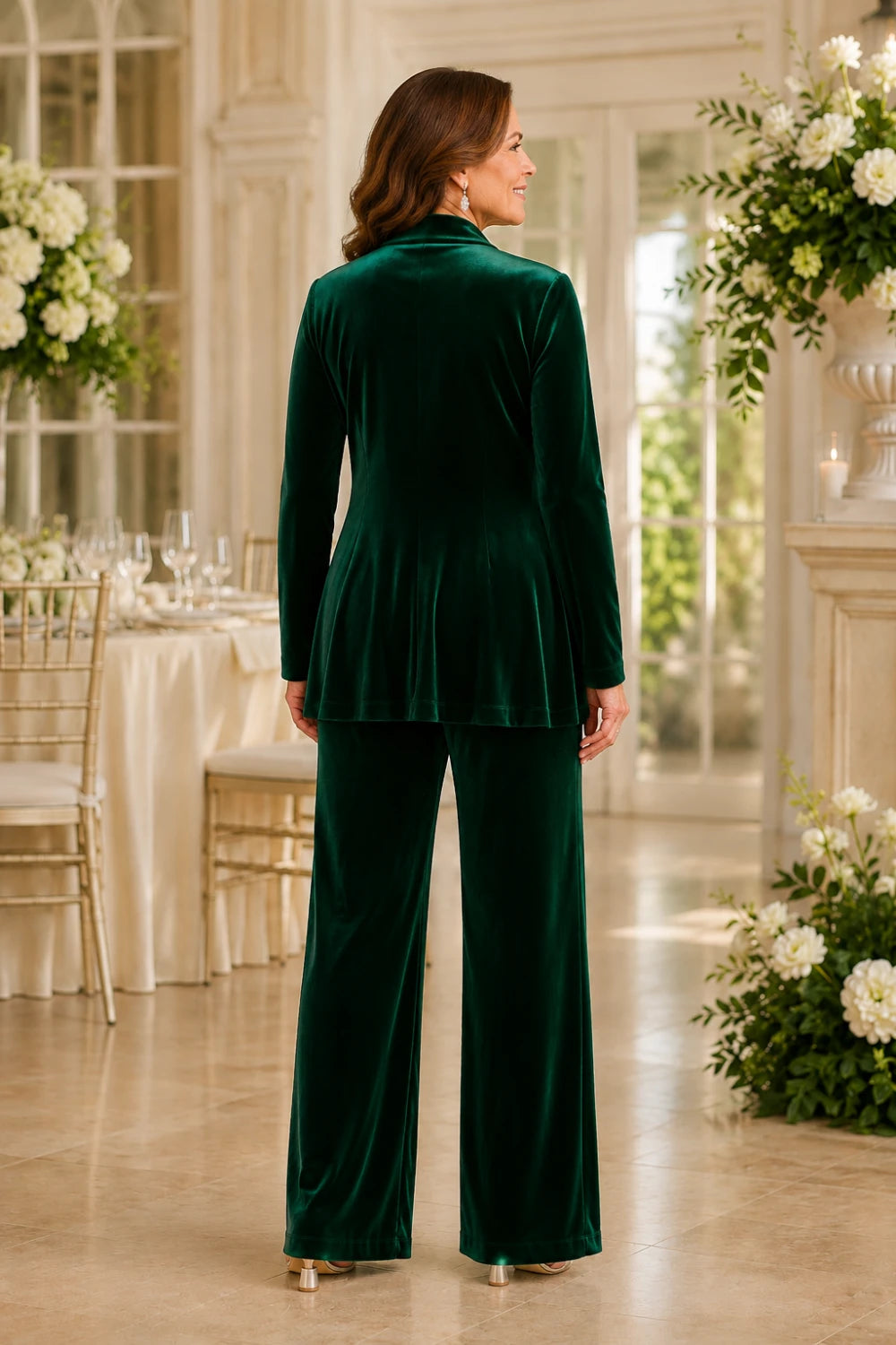 Velvet Three-Piece Pant Suit with Draped Jacket
