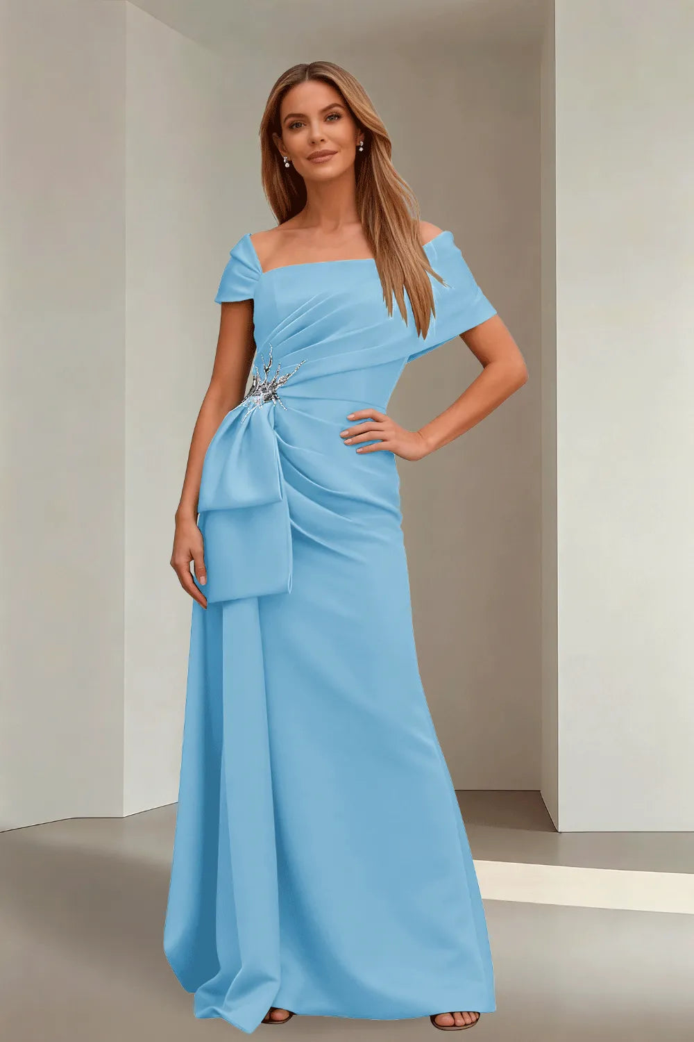 Off-Shoulder Ruched Floor-Length Formal Gown