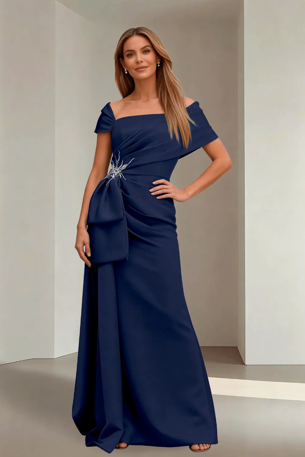 Off-Shoulder Ruched Floor-Length Formal Gown