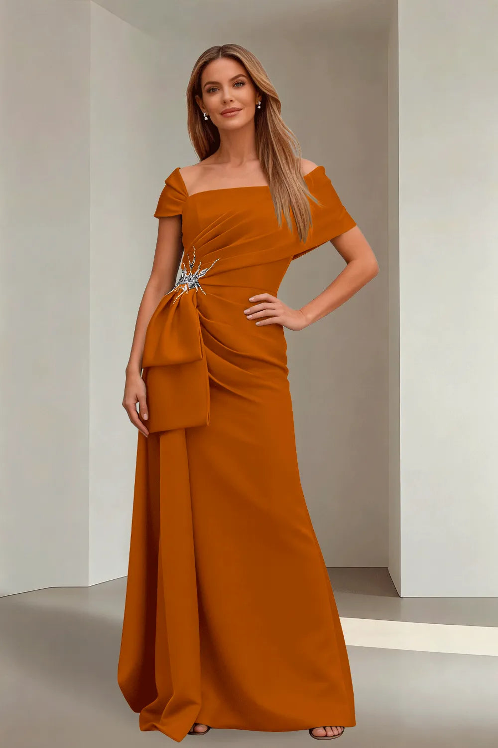 Off-Shoulder Ruched Floor-Length Formal Gown
