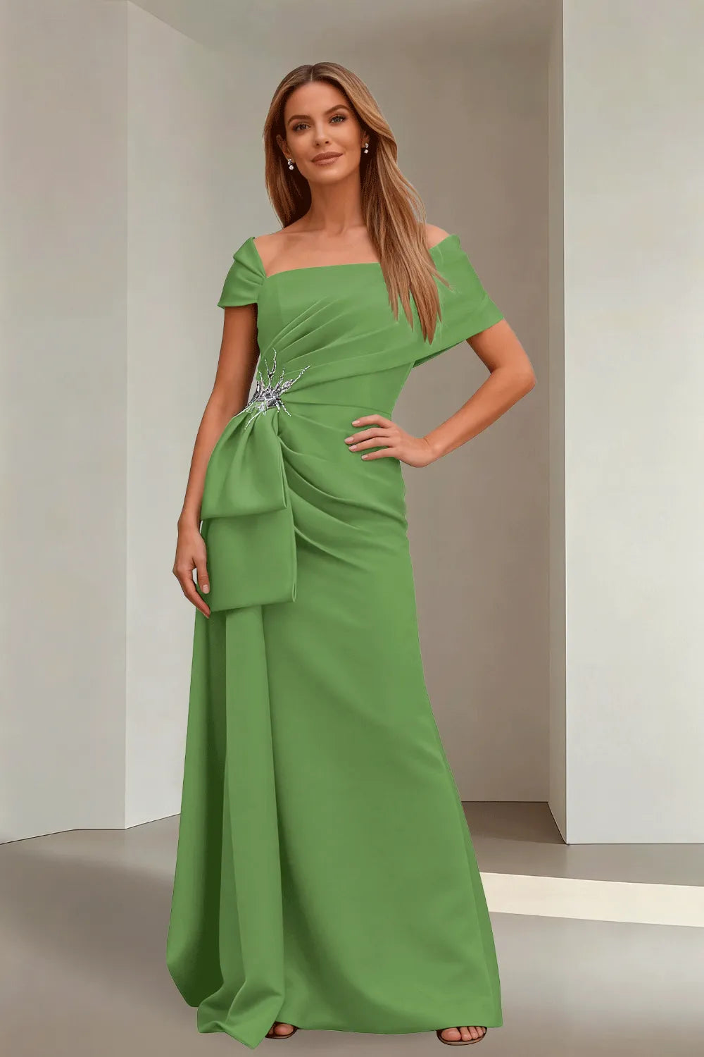 Off-Shoulder Ruched Floor-Length Formal Gown