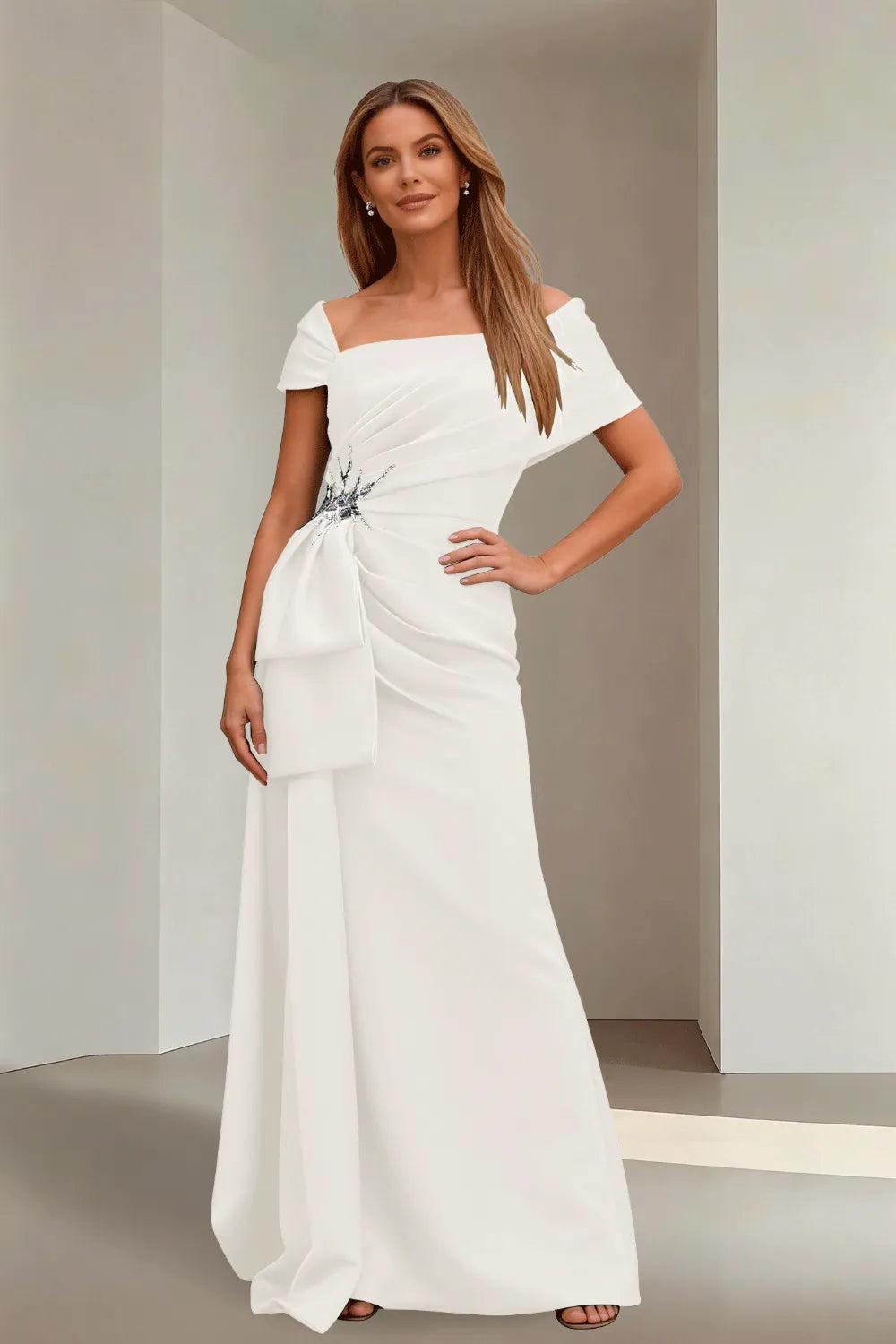 Off-Shoulder Ruched Floor-Length Formal Gown