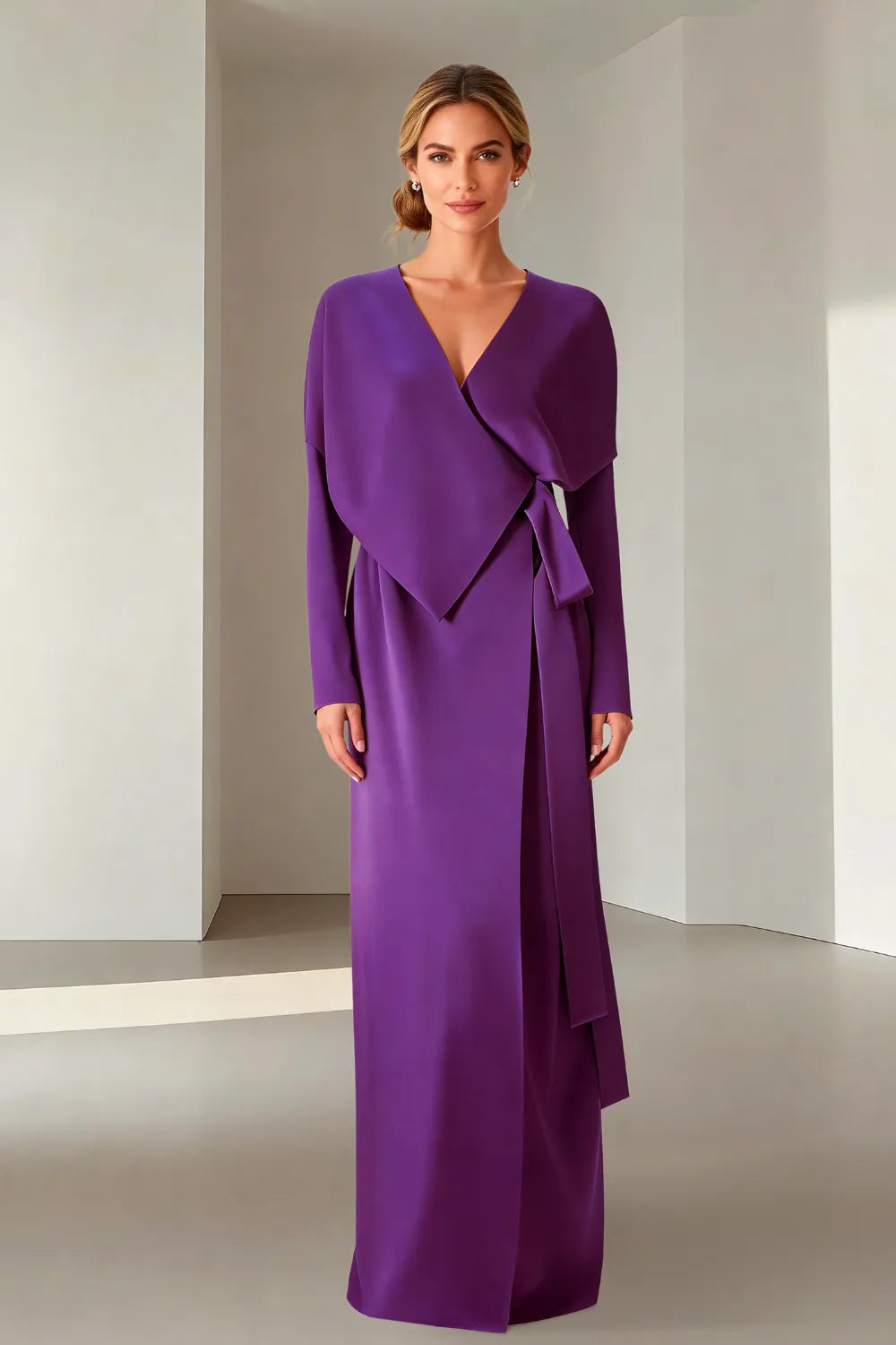 Elegant Long Sleeve Wrap Maxi Formal Dress