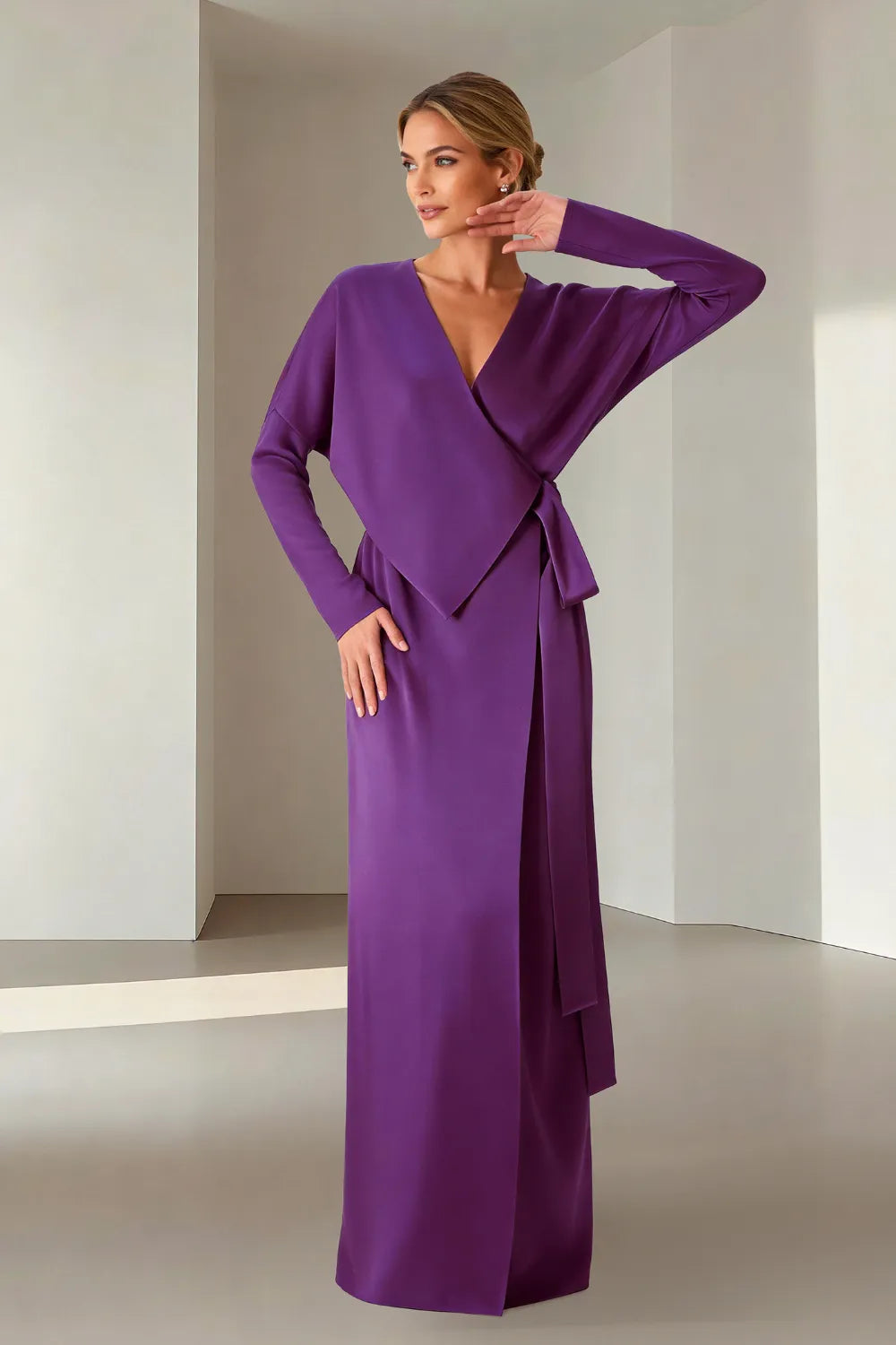 Elegant Long Sleeve Wrap Maxi Formal Dress