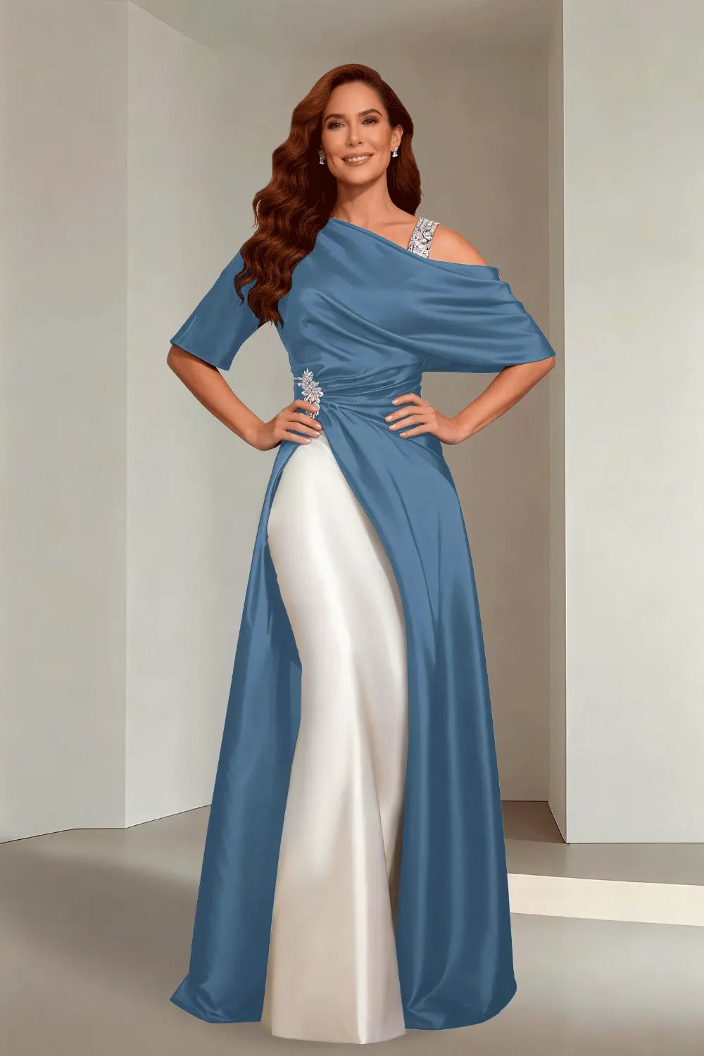 Draped Satin Evening Gown with Crystal Strap