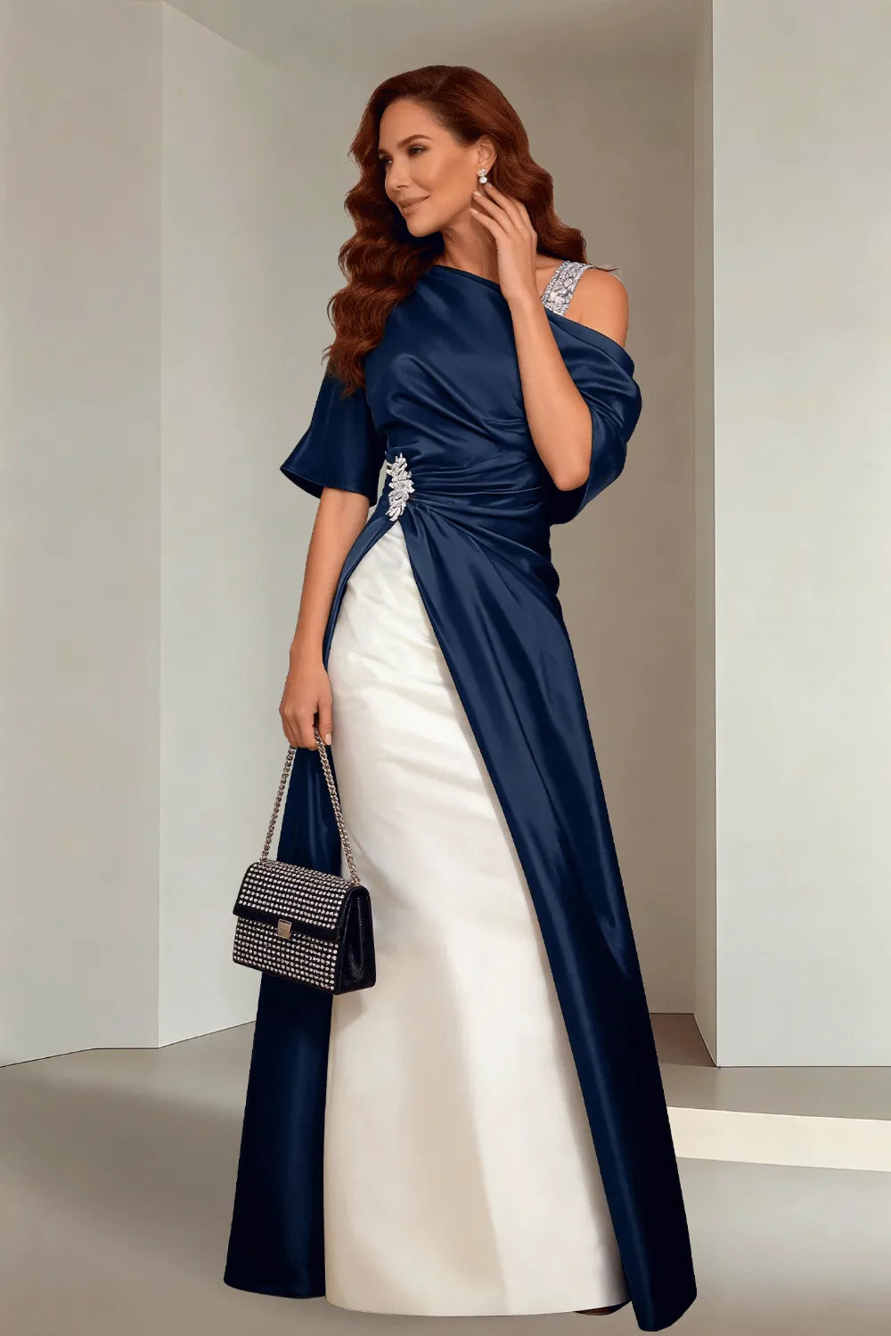 Draped Satin Evening Gown with Crystal Strap