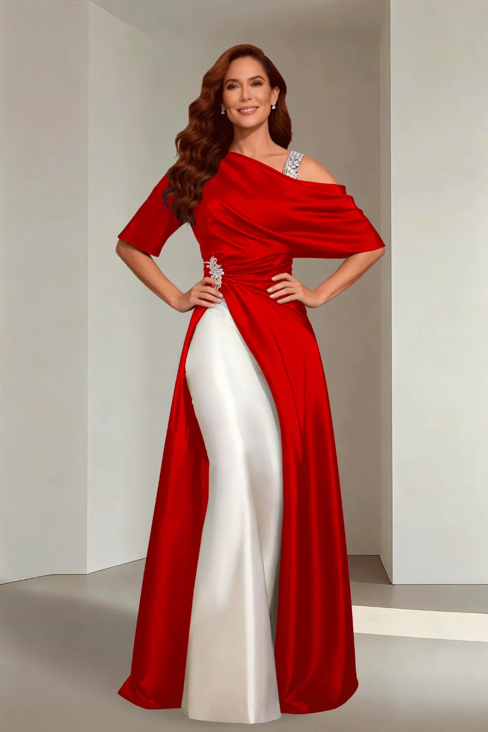 Draped Satin Evening Gown with Crystal Strap
