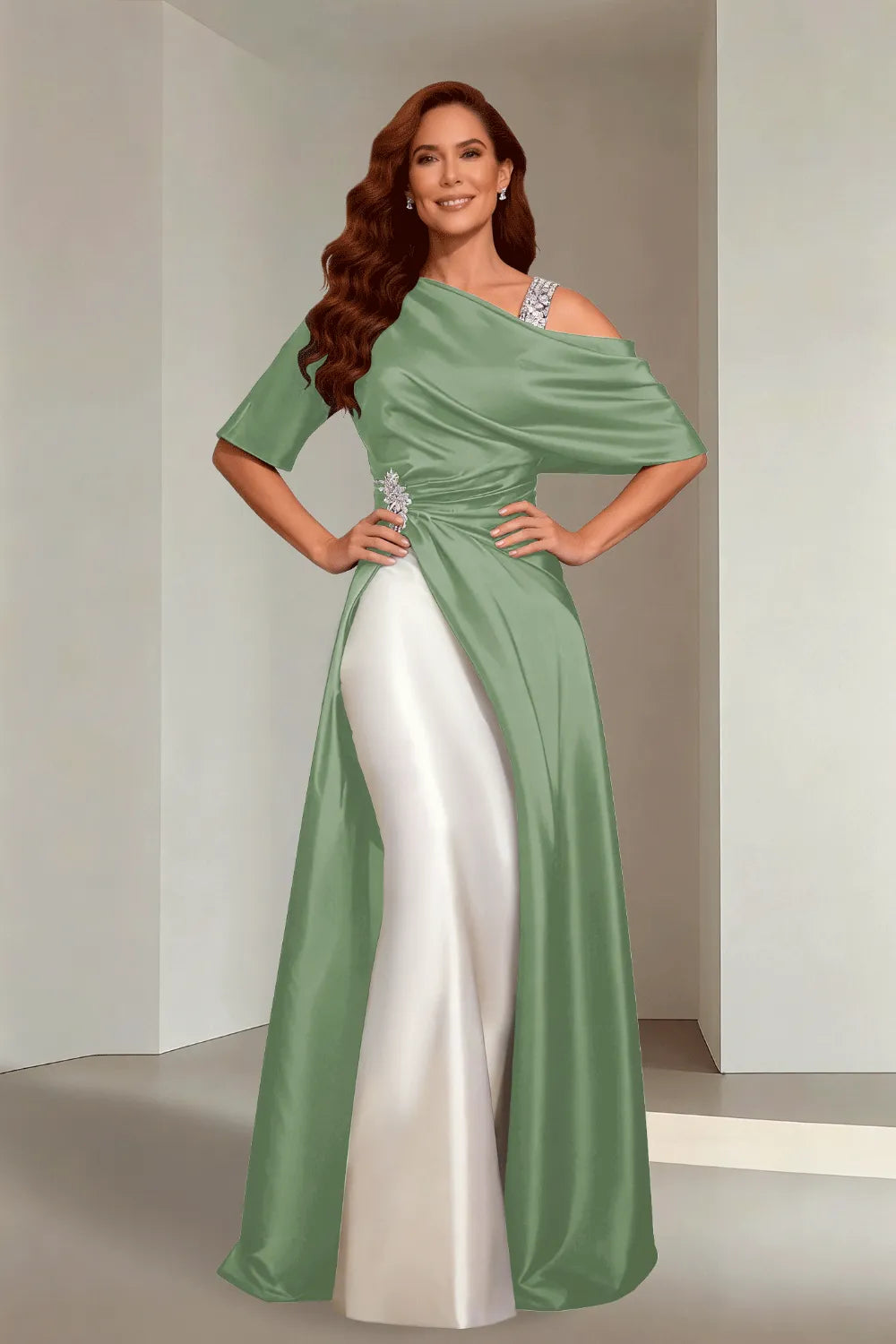 Draped Satin Evening Gown with Crystal Strap