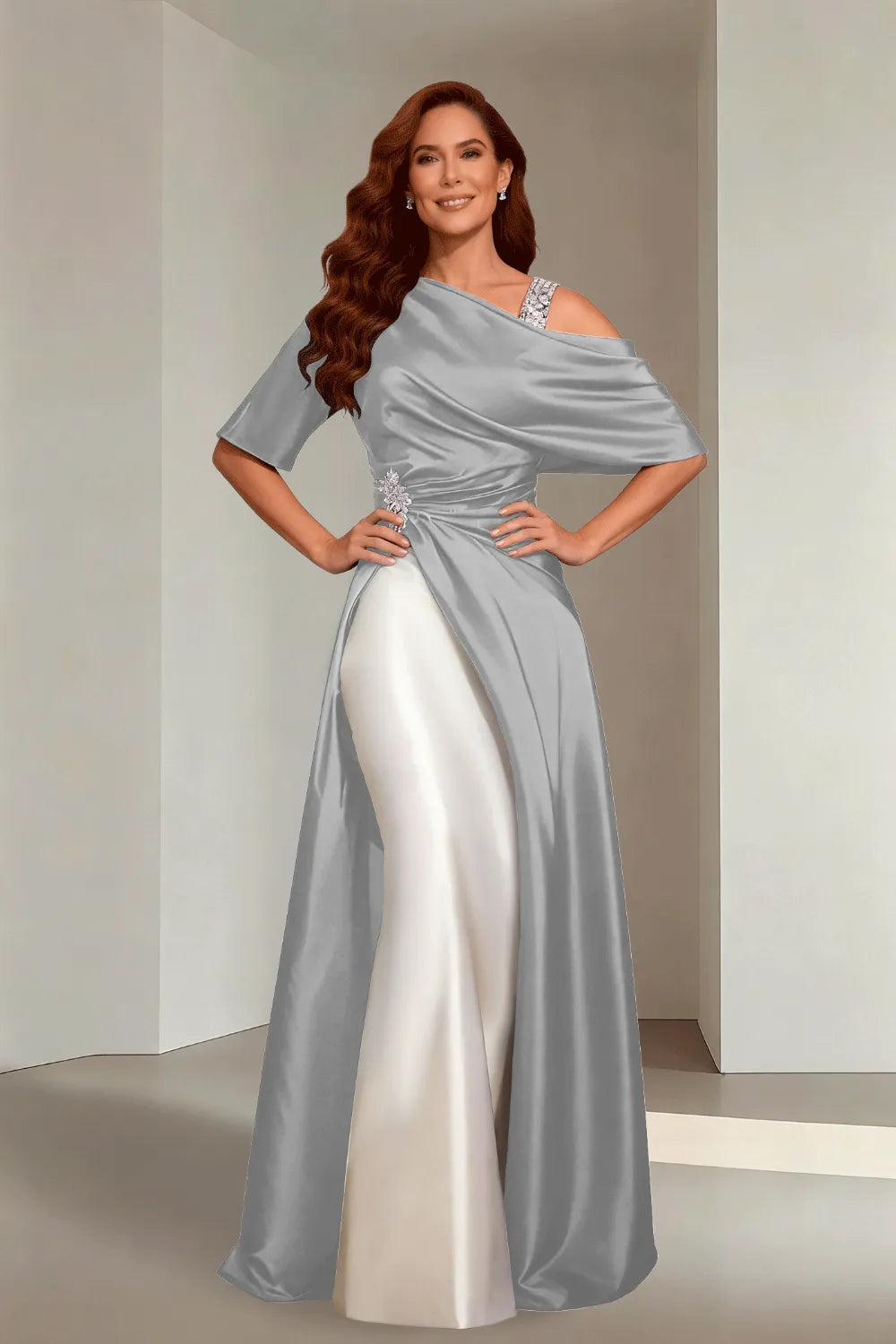 Draped Satin Evening Gown with Crystal Strap