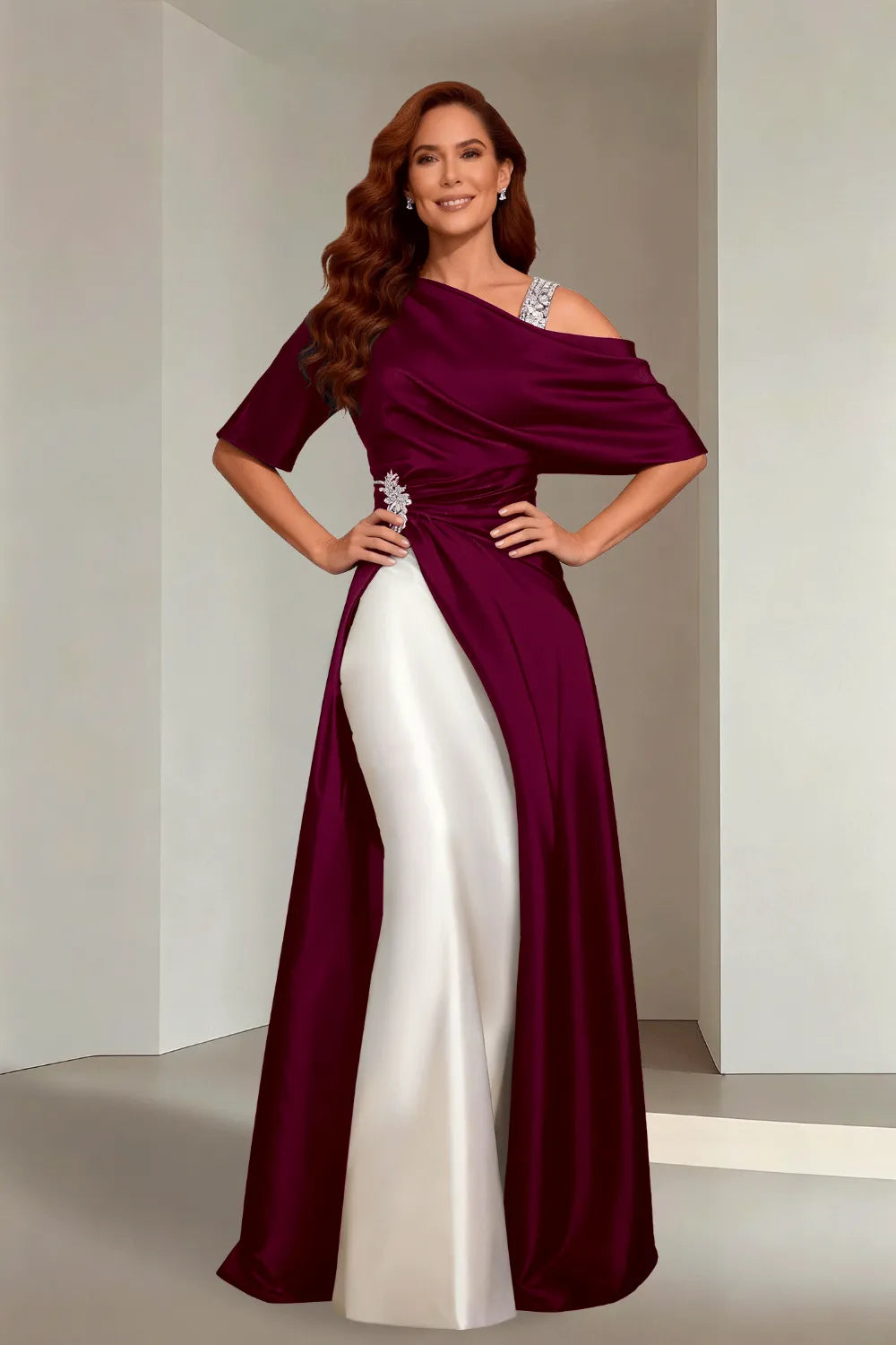 Draped Satin Evening Gown with Crystal Strap