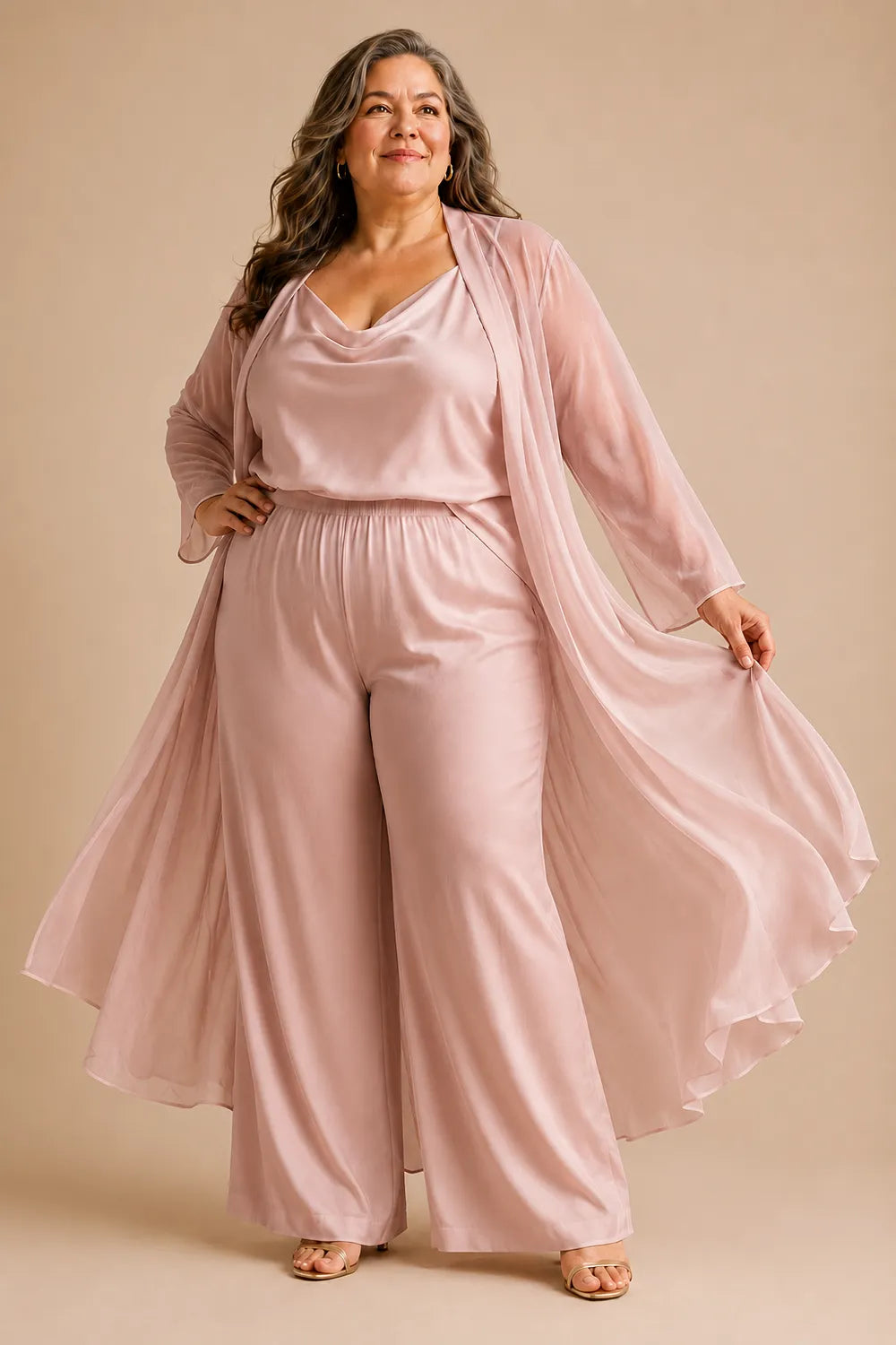Elegant Cowl Neck Chiffon Pant Set with Duster