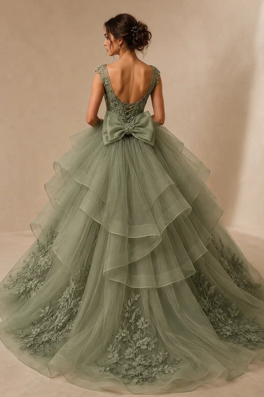 Luxury Embroidered Tiered Ball Gown with Back Bow