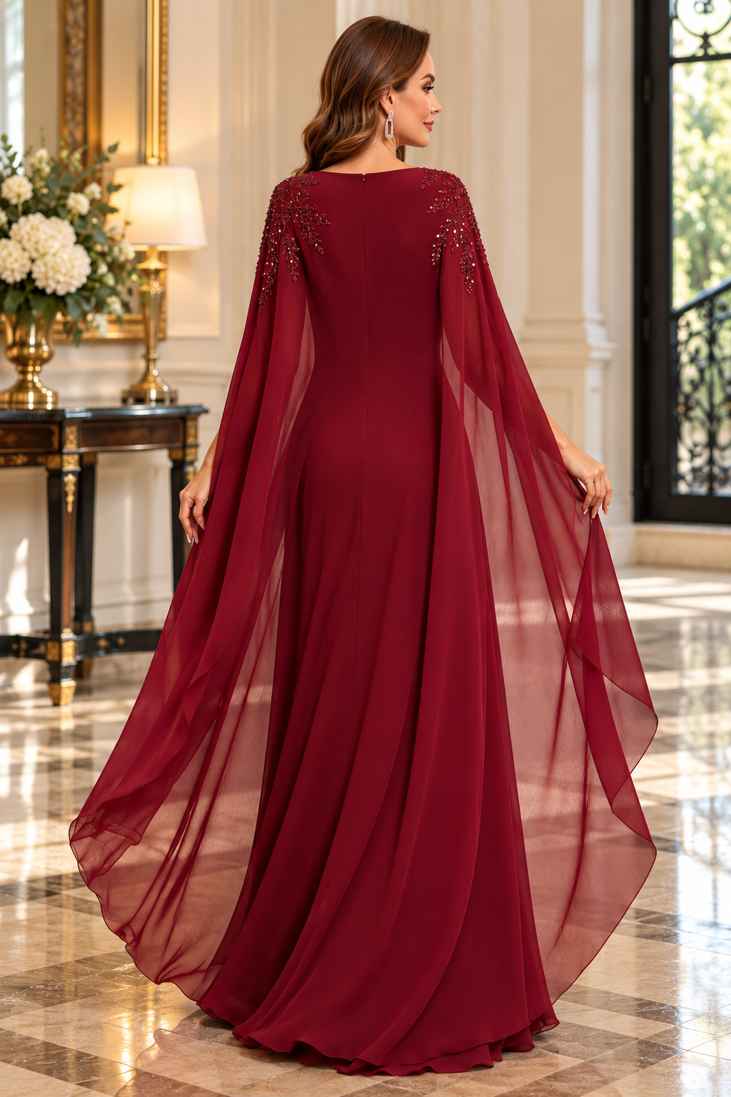Burgundy Embellished Long Cape Mother of the Bride Dress