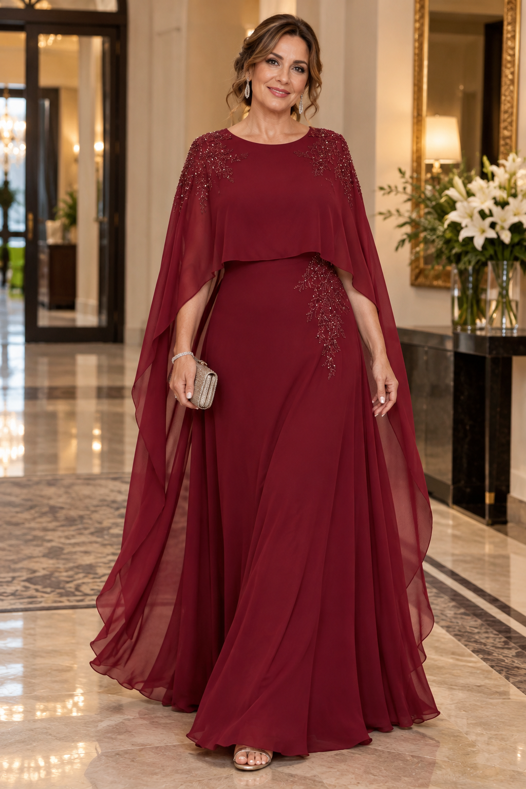 Burgundy Embellished Long Cape Mother of the Bride Dress
