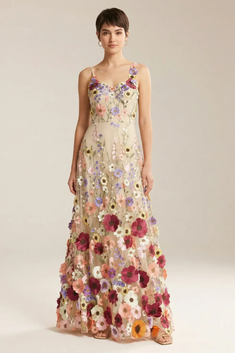 Romantic Floral Embroidered Wedding Guest Maxi Dress