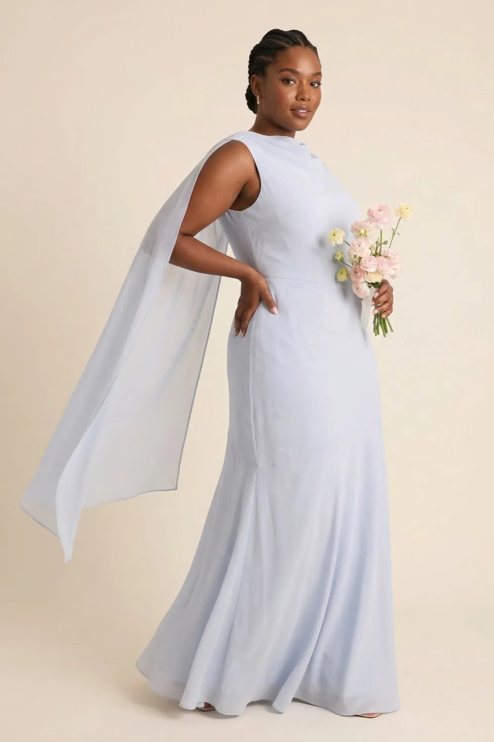 Aurora Light Blue Cape Formal Maxi Dress