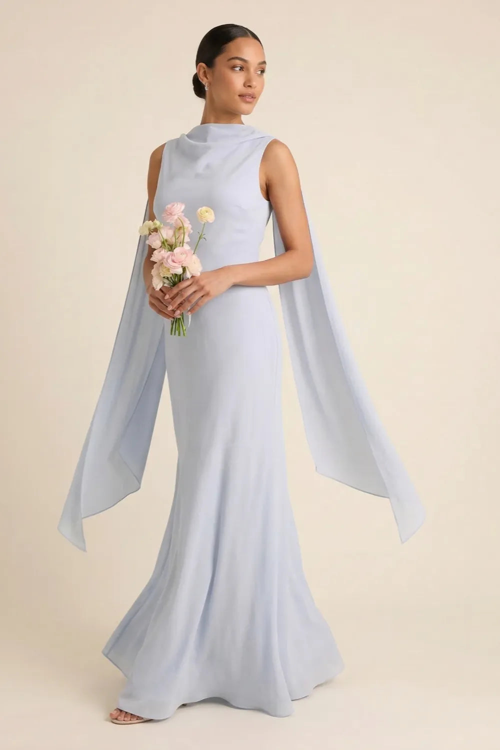 Aurora Light Blue Cape Formal Maxi Dress