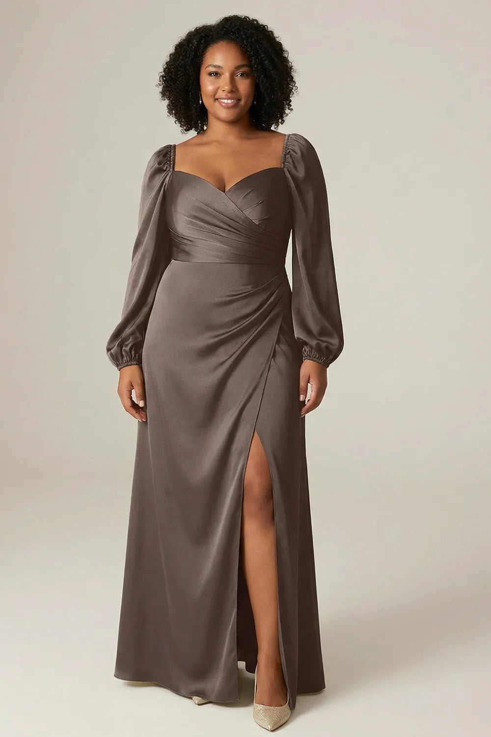 Elegant Brown Satin Formal Maxi Dress
