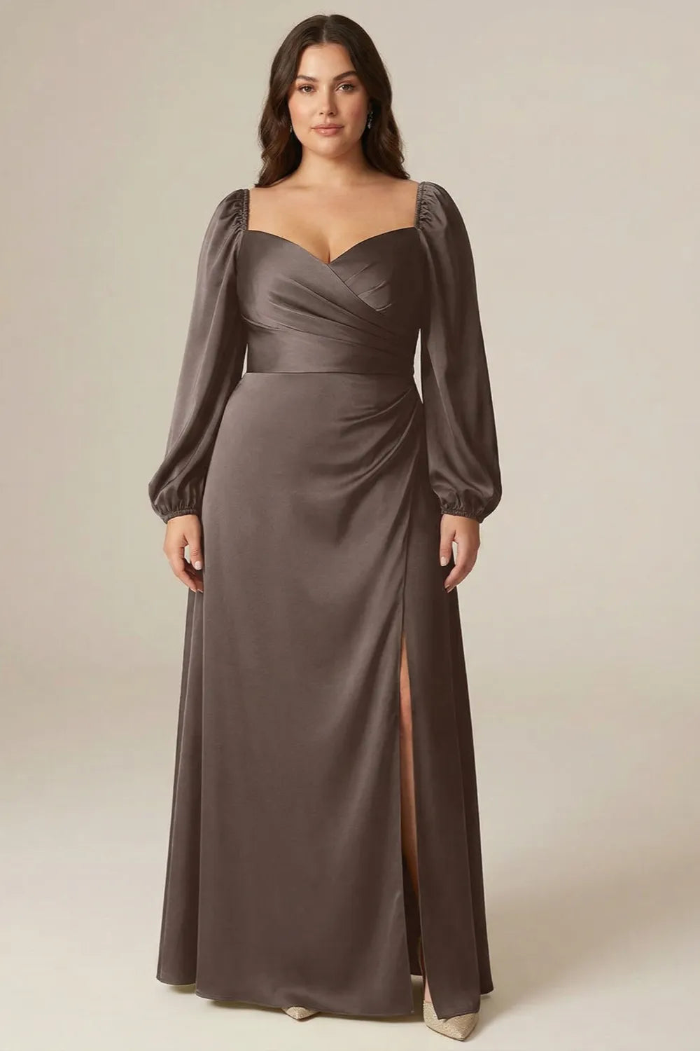 Elegant Brown Satin Formal Maxi Dress