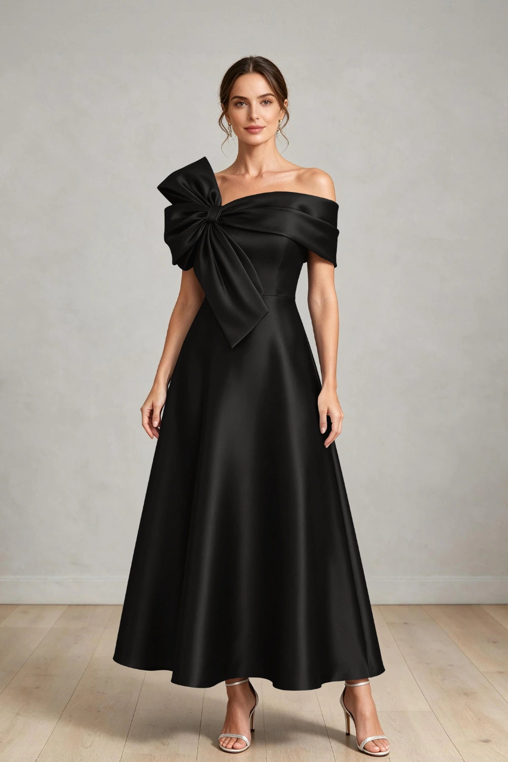 Oversized Bow Off-Shoulder Satin Midi Mother of the Bride Dress
